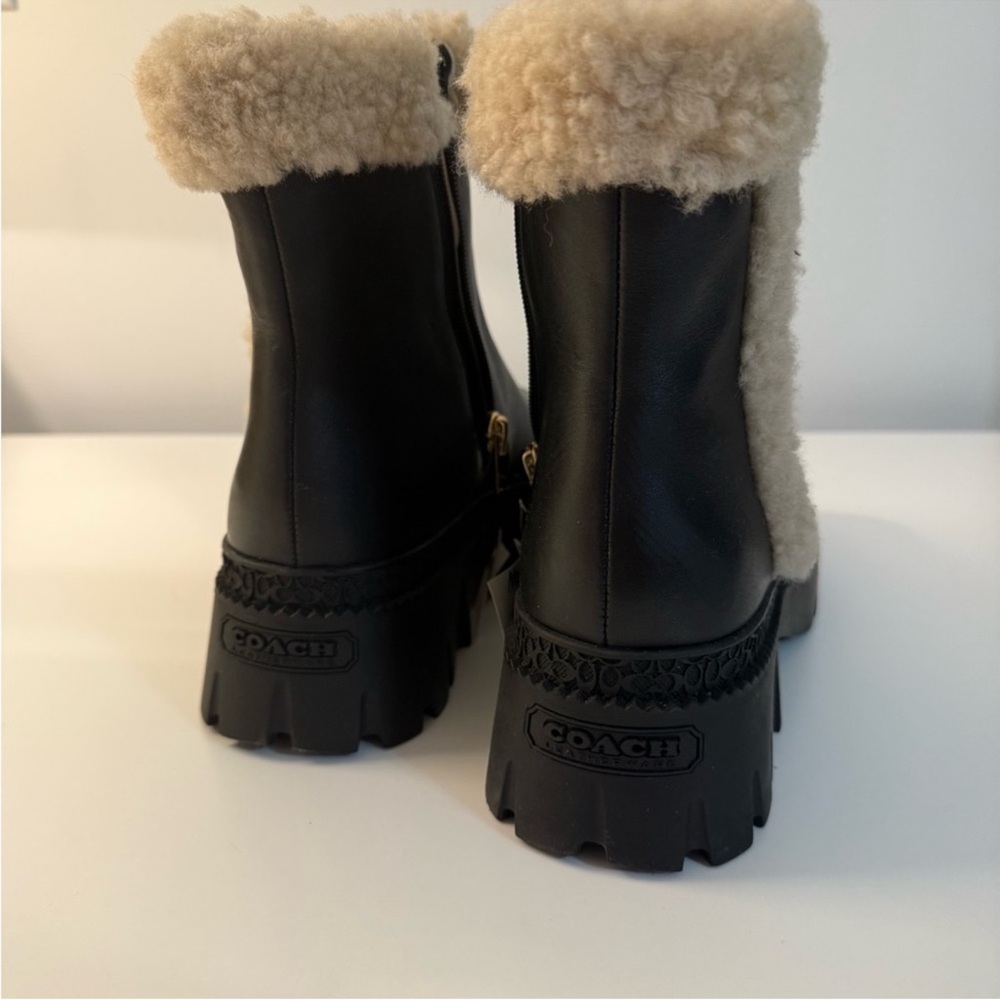Coach Black Leather Lace-Up Platform Boots with Cream Shearling Trim - Picture 4 of 11